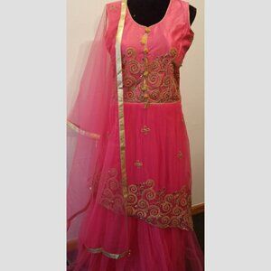 Pink Long Anarkali Style Gown with Gold